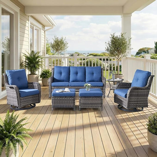 6 Piece Patio Furniture Set with Ottoman - All Weather Patio Conversation Set with 4 Inch Thick Cushions and Deep Seating Swivel Glider Chairs & Outdoor Couch for Porch Deck Yard Pool