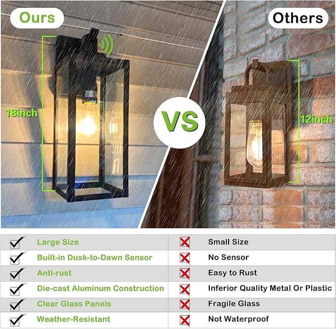 hykolity Large Dusk to Dawn Outdoor Lighting, 18 Inch Outdoor Wall Lights | Waterproof Outdoor Wall Lanterns, Black Exterior Wall Sconce Fixture, Outdoor Lights for House Patio Porch Garage, 2 Pack