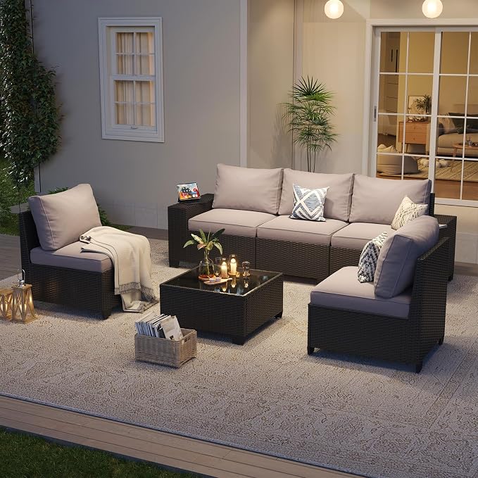Aoxun Patio Furniture Set, 6 Pcs Outdoor Patio Furniture Sets with 4in Thicken Cushion, Widen Armrests Wicker Outdoor Sectional for Backyard, Grey