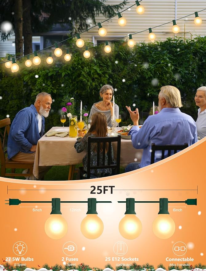 SUNSGNE G40 Round Christmas Lights Outdoor, 25ft Vintage Christmas Globe Lights with 27 5W Frosted White Lights(2 Spare) for Outdoor Garden Party Wedding Backyard Patio Decor, Green Wire