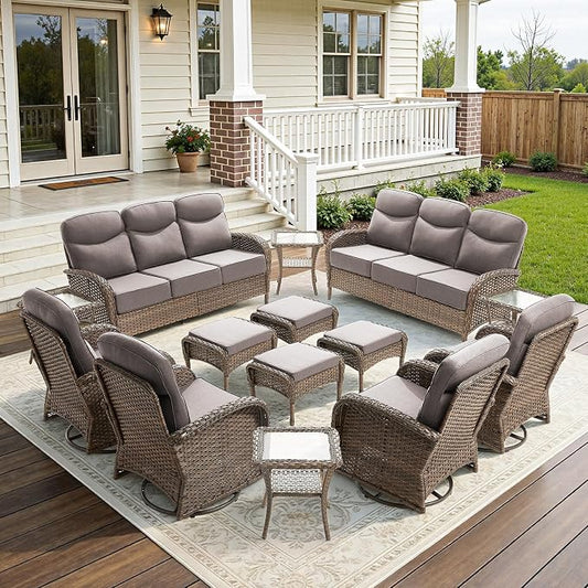 14-Piece Luxury Patio Furniture Set with 6-inch Thick Cushion,Outdoor Wicker Sofa Couch Set of 2 & Swivel Rocker Chairs, Conversation Set for Poolside, Deck & Yard - Gray