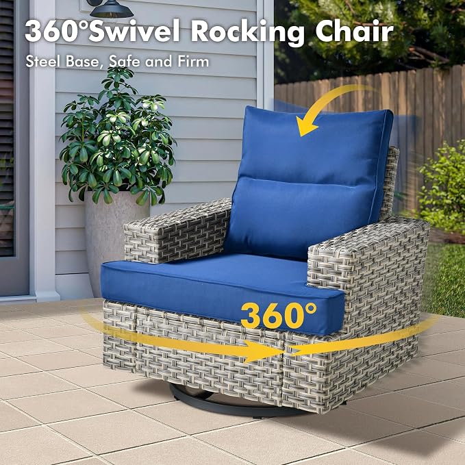 Weaxty 9 Pieces Wide Seats Outdoor Furniture Set, Sectional Couch Swivel Rocking Chair Ottoman Fire Pit Table, Thick Cushion All-Weather Rattan Patio Conversation Sets for Backyard Deck, Navy Blue