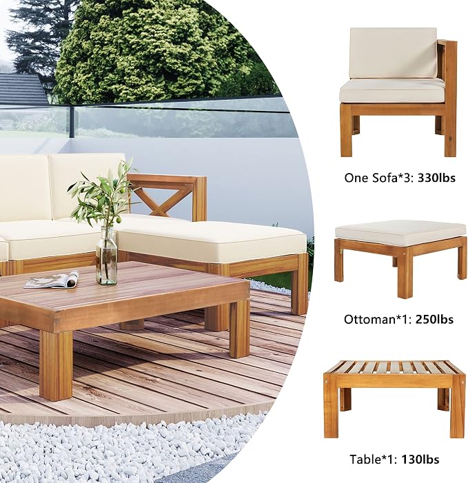 5-Piece Outdoor Backyard Patio Set, Acacia Wood Sectional Sofa Seating Group Set with Tea Table and Cushions, Conversation Furniture Set for Garden Backyard Poolside (Natural Finish+beige cushion 2)