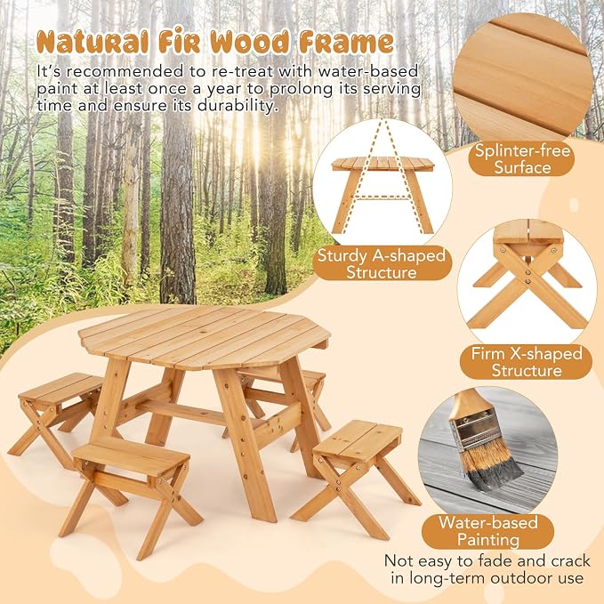KOTEK Kids Picnic Table, Fir Wood Foldable Toddler Octagon Table and Chairs with Height Adjustable Umbrella, Indoor Children Art Play Table, Activity Kids Outdoor Table for Backyard & Patio (Natural)