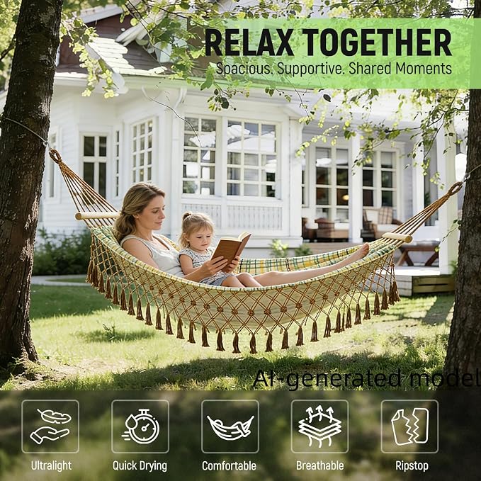 Portable Hammock,Bohemian Hammock,Rope Hammock,Suitable,Yard, Beach, Backyard,Garden (Khaki, 79 * 59)
