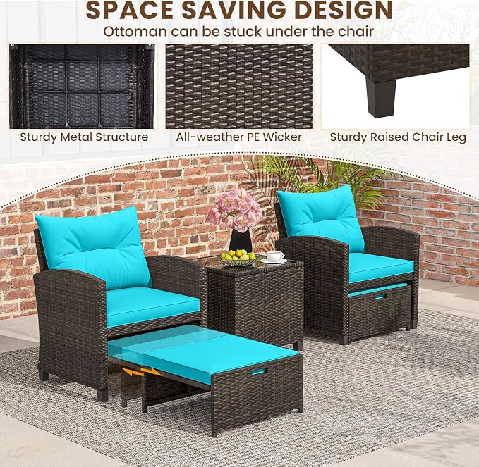 ORALNER 5 Pieces Patio Furniture Set with Ottoman, Wicker Conversation Set w/Cushions, Glass Coffee Table, Outdoor Rattan Lounger Chairs Bistro Set for Porch Balcony Garden Deck Poolside (Turquoise)