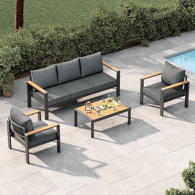Garvee Aluminum Patio Furniture Set 5 Seats, Generous Outdoor Sectional with Washable Thick Cushions and Coffee Table, Patio Conversation Sets for Porch, Balcony, Deck, Yard