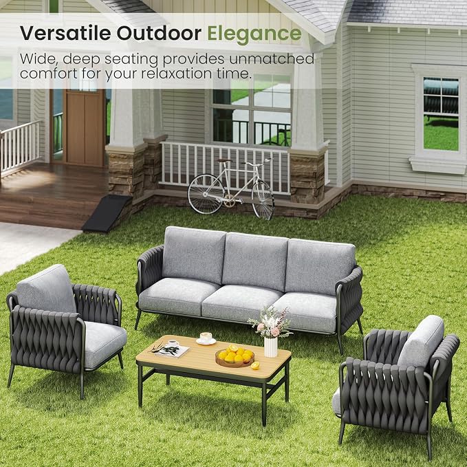 Jocoevol Patio Furniture Set, 5-Seat Outdoor Sofa Furniture Deep Seating with Coffee Table, Metal Patio Conversation Sets with Waterproof & Extra-Thick Cushions for Garden, Poolside, Backyard