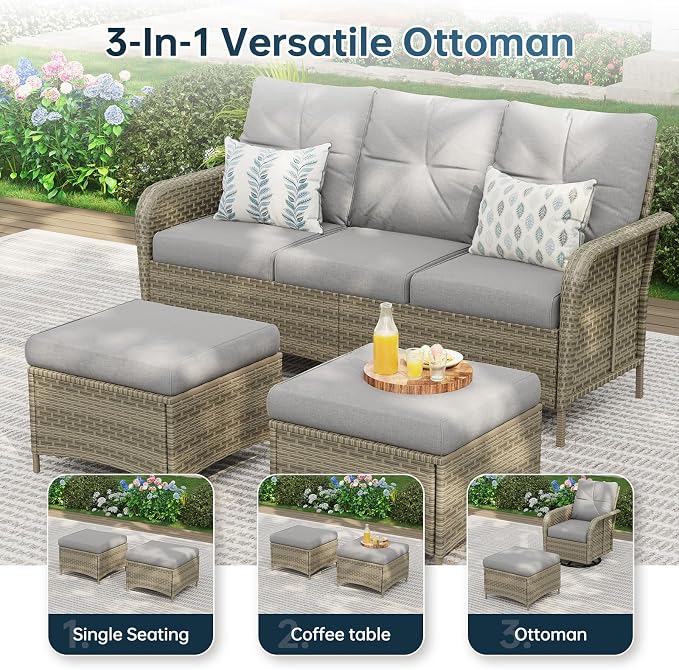 LazySunsets Luxury 10-Piece Patio Furniture Set with 44'' Fire Pit Table, Wicker Rattan Sofa with Thick Cushion, Outdoor Conversation Set for Backyard, Poolside & Garden, Beige/Gray