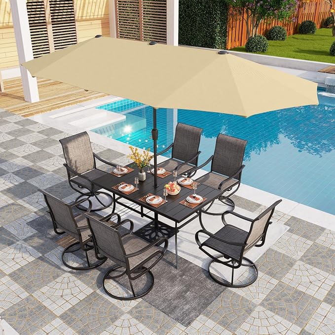 PHI VILLA Patio Dining Set with 13ft Umbrella for 6, Swivel Mesh Chairs | 59'' metal rectangular table, 6 brown outdoor textilene chairs and 13ft beige umbrella(NO BASE) for deck, garden, backyard