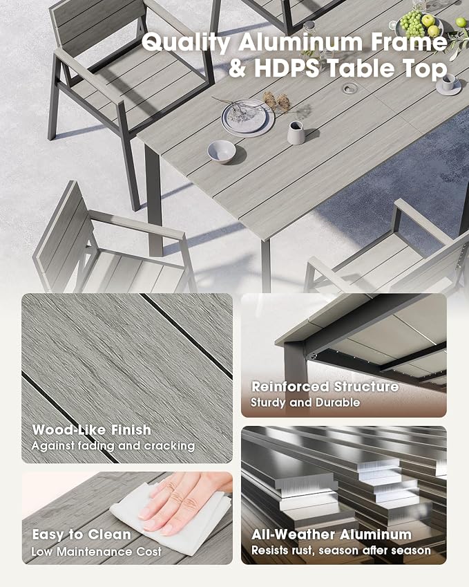 Outdoor Dining Set for 6, Aluminum Patio HDPS Outdooor Table and Chairs Set with Umbrella Hole, All Weather Patio Furniture Set, 7 Peice Patio Dining Table Set (Classic Gray)