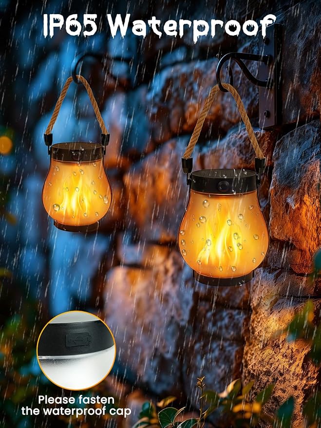 Solar Lights Outdoor Waterproof 4 Pack Solar Flame Lanterns Halloween Decor | IP65 Waterproof, Dual Charging USB & Solar, Steady on and Flickering Flame Modes, Auto On/Off, Tree Patio Horror Decor