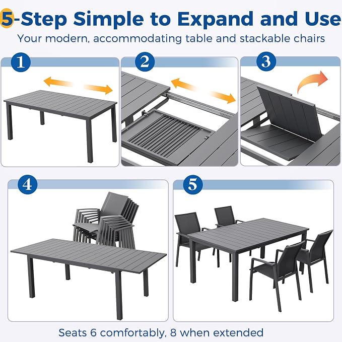 Wisteria Lane Outdoor Patio Dining Set, 5 Piece Aluminum Modern Outdoor Table and Chairs Set for 4, Metal Expandable Patio Table & 4 Stackable Textilene Chairs for Balcony Deck Backyard, Grey