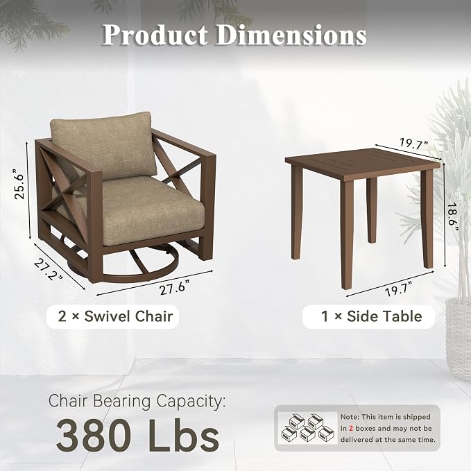 3 Piece Aluminum Rocking Patio Furniture Set, Modern Outdoor Patio Conversation Sets with Ergonomic Swivel Chairs, 6" Thick Washable Cushions and Coffee Table for Balcony, Porch, Backyard,Brown