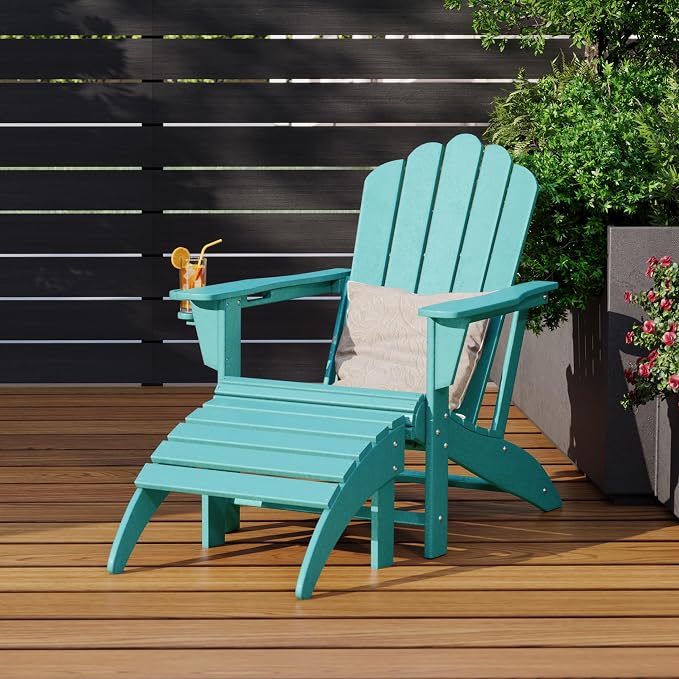Costaelm Lakeview 2-Piece Outdoor Patio HDPE Adirondack Chair with Ottoman and Cup Holder Set, Turquoise
