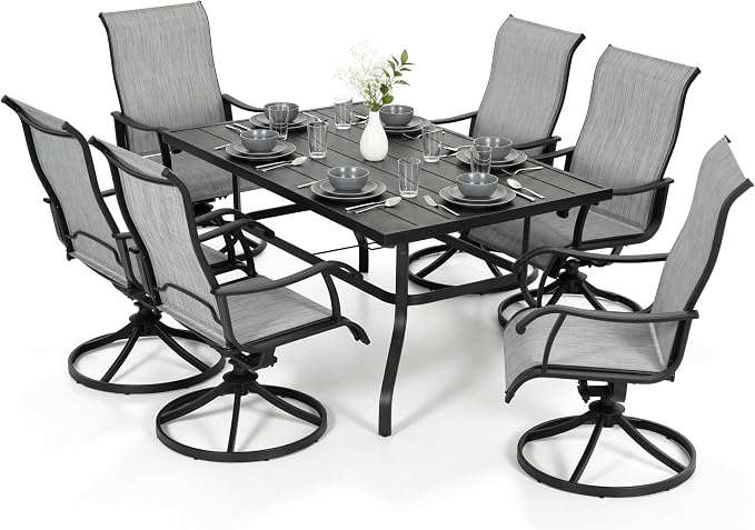 NUU GARDEN 7-Piece Outdoor Dining Set, Metal Patio Table with Umbrella Hole, 6 High-Back All-Weather Textilene Swivel Chairs for Garden, Poolside and Backyard, Black and Light Gray