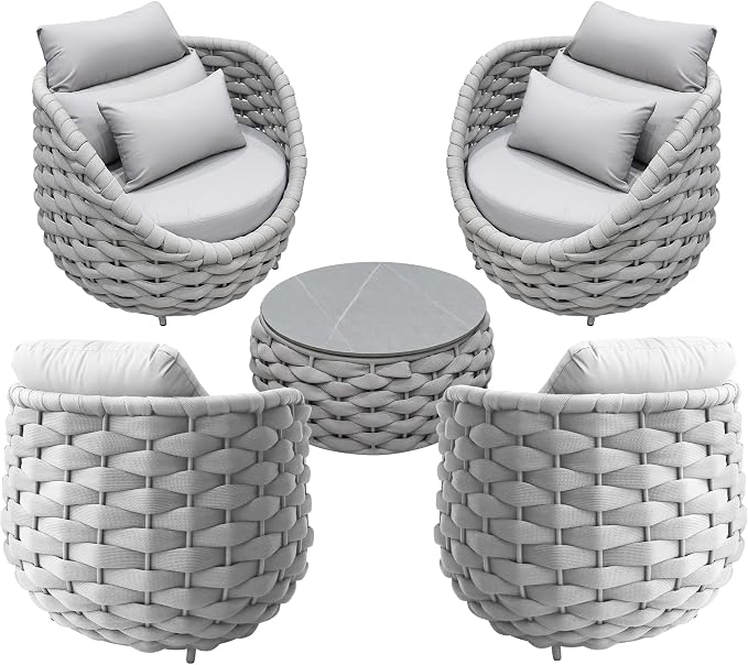 TWT 3 Piece Patio Furniture Set, Gray Woven Rope Conversation Set with Washable Cushions (Textilene Light Grey Rope w/Light Grey Cushion, 5pcs 4 Armchair+Table)