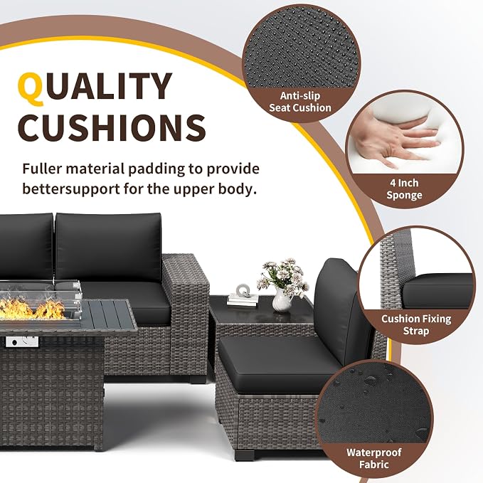 Outdoor Patio Furniture Set with Fire Pit Table, Wide Outdoor Sectional Rattan Sofa Set, Wicker Patio Conversation Set w/Cover for Deck, Poolside, Porch, 7 PC (Grey & Black)
