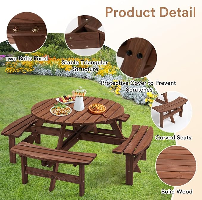 Zevemomo Wood Picnic Table for 8 People, Round Top with Umbrella Hole, 4 Built-in Curved Benches, 2220LBS Capacity for Patios & Backyards, Brown