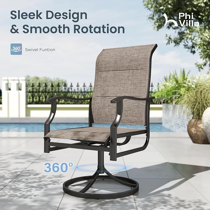 PHI VILLA Outdoor Dining Set for 8, High Back Swivel Chairs w/ 82'' Table | All-weather E-coating metal frame with padded textilene seating. Designed for outdoor dining, deck, lawn, garden