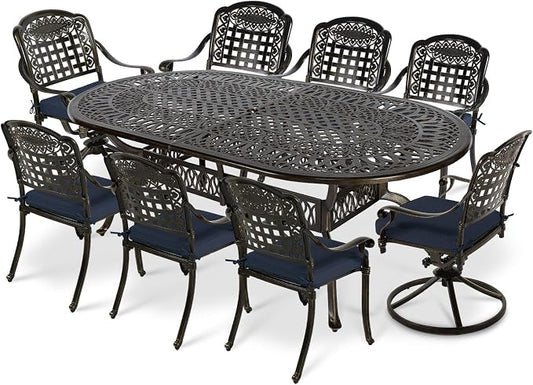 VIVIJASON 9-Piece Patio Furniture Dining Set, All-Weather Cast Aluminum Outdoor Conversation Set, Include 6 Stationary Chairs, 2 Swivel Dining Chairs, Oval Table with Umbrella Hole, Navy Blue Cushion
