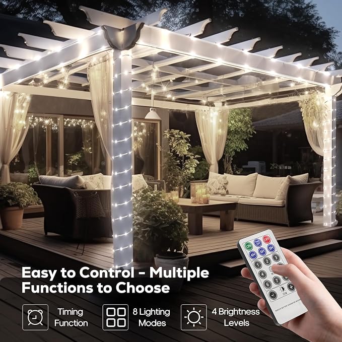 ICRGB Solar Rope Lights Outdoor, 39FT 100 LED (Cool White, 39FT) | With Remote, Waterproof, 8 Modes, for Outdoor Patio Porch Tree Wedding Christmas Pool Garden Decorative