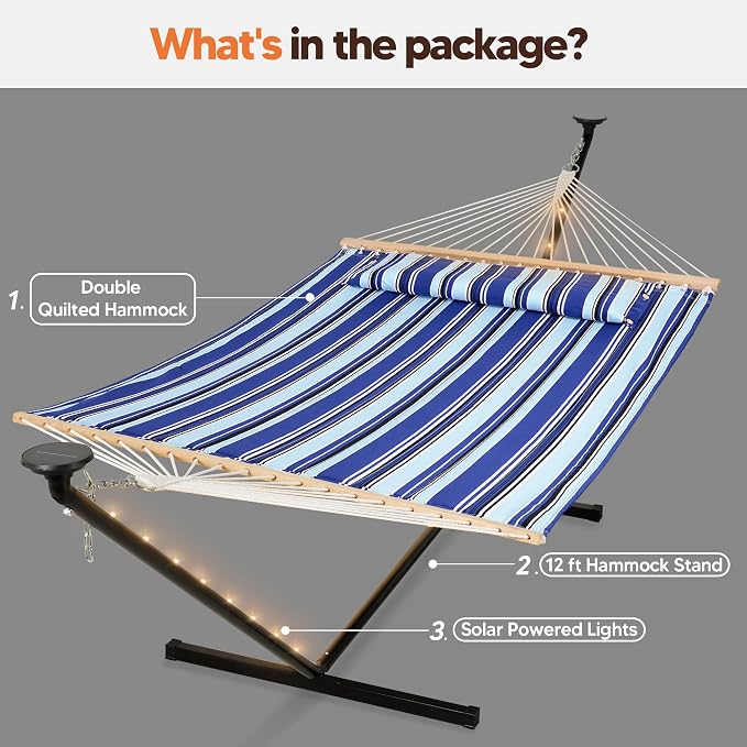 SUNCREAT Double Backyard Hammock with Solar Powered Lights for Outside, 475 lbs Capacity, Heavy Duty Self Standing Hammock with 12 ft Stand, Blue