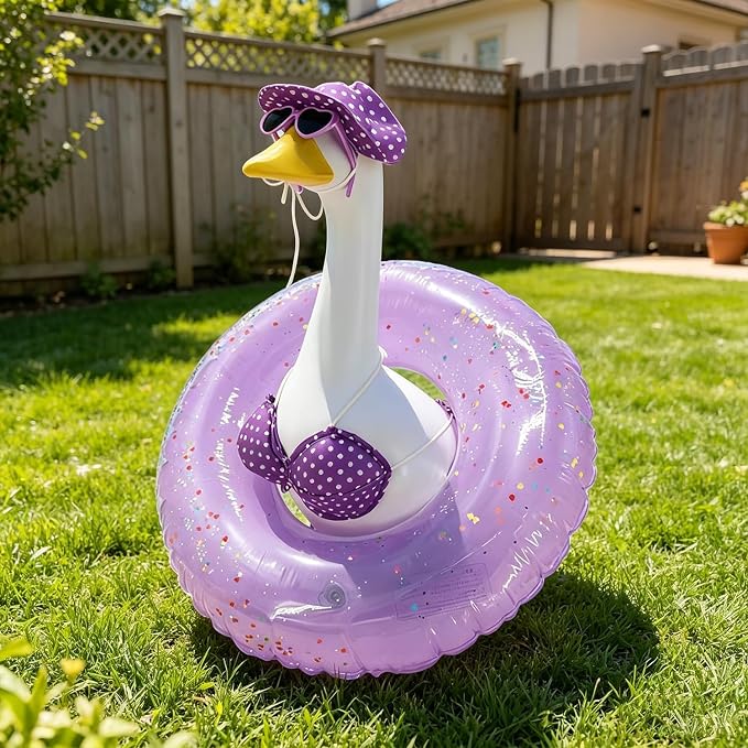 Bikini Porch Goose Outfits,Porch Goose Summer Outfits Swimsuit with Hat Sunglasses & Swim Ring,Fit 23'' Lawn Goose Statue for Summer Outdoor Garden Lawn Yard Decor (Purple)