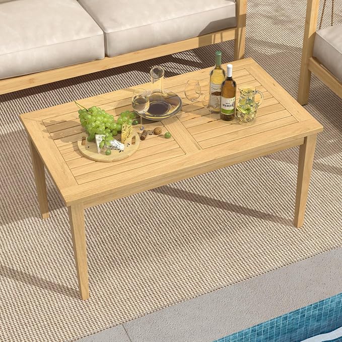 Tangkula Outdoor Teak Wood Coffee Table, Premium Solid Wood Patio Side Table w/Slatted Tabletop, Patio Furniture, 35.5" x20” Rectangular Tea Cocktail Table for Balcony, Lawn, Deck, Backyard, Poolside