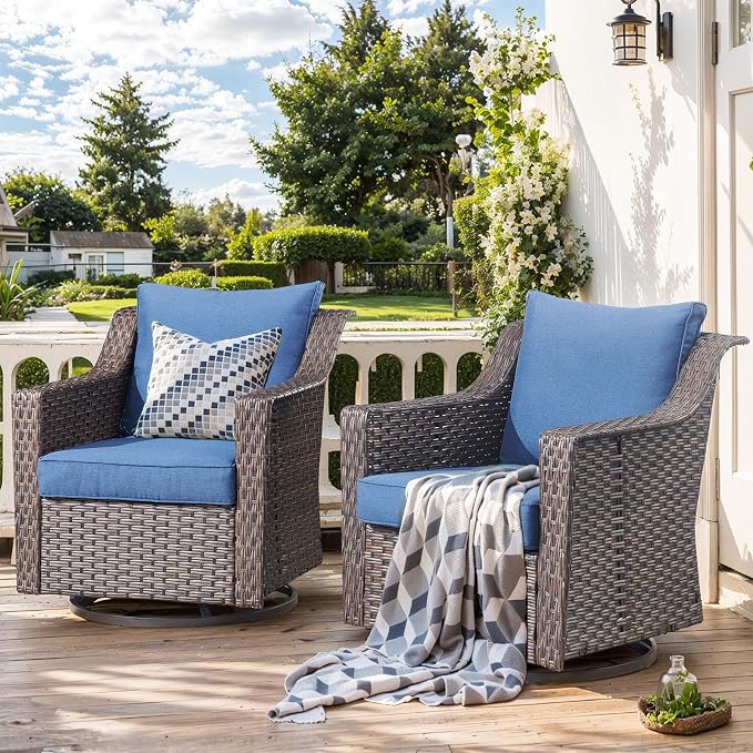 Outdoor Swivel Rocker Patio Chairs-Outdoor Swivel Chair with High Back Patio Chairs for Deck Balcony Poolside Backyard-Brown/Blue