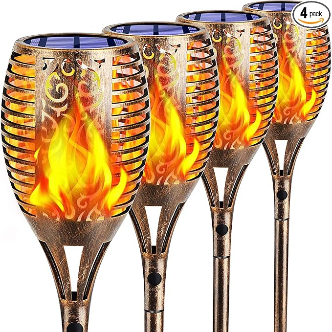 TomCare Flickering Flame Solar Torch Lights Outdoor, 43" Tall, 4 Pack | Realistic 99-LED Flame Effect, Charges in 6-8 Hours, 10-12-Hour Runtime, IP65 Waterproof, Auto On/Off for Yard, Patio, Garden