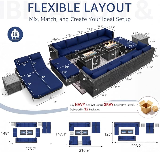 NICESOUL 20 Piece Patio Furniture Set with Fire Pit Table and Chaise, 29.3'' High Back Outdoor Wicker Couch Sets with Firepit and Lounger, 500 lbs Heavy Duty 14-Seat Outdoor Sectional, Charcoal/Navy