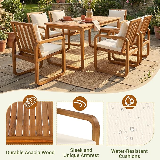 RUNNA 7 Pieces Outdoor Patio Dining Table Set with Removable Cushions, Modern Armrests and Spacious Table, Outdoor Furniture Set for Backyard, Garden Entertaining (Brown-A7)