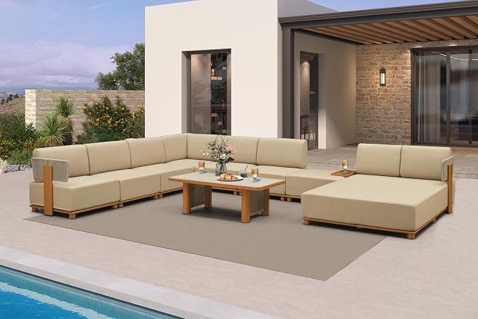 PURPLE LEAF Patio Furniture Set Modular U-Shaped Outdoor Sectional Sofa with 11" Thick Olefin Cushion 9-Piece Outdoor Conversation Set with Lounge Daybed and Table for Backyard Garden Poolside, Beige