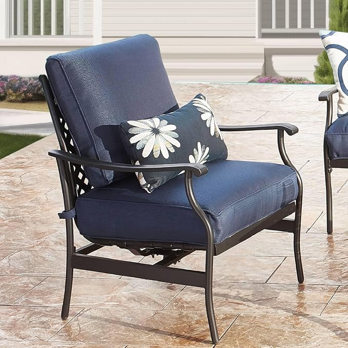 Patio Conversation Set 6 Pieces Metal Outdoor Furniture Seating Sets with Blue Thick Cushions, Rocking Chairs & Coffee Table & Loveseat