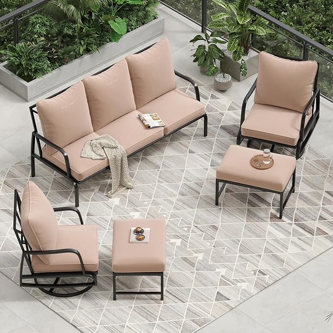 Soohow Patio Furniture Set, 5 Piece Outdoor Patio Furniture Set, 2 x Outdoor Swivel Chair, 1 x 3-Seats Sofa and 2 x Ottoman, Metal Conversation Set for Porch, Balcony, and Backyard