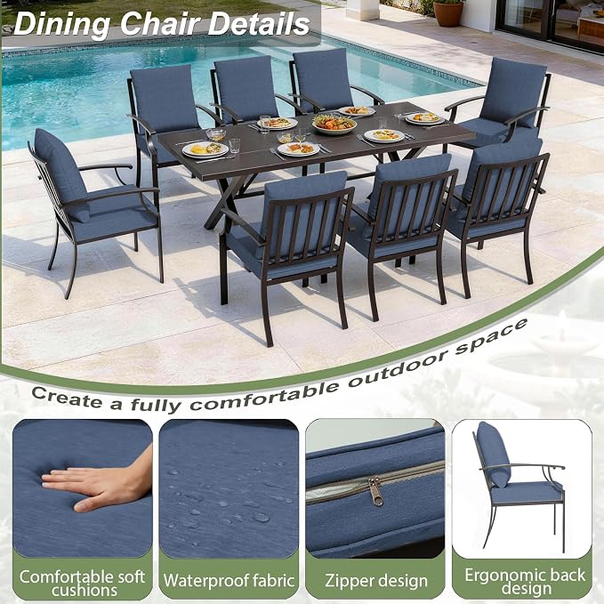10 Pieces Patio Dining Set,Metal Outdoor Furniture Set Includes 13.6FT Grey Umbrella,Hole Cut-Out 78.7" x 35.4" Table and 8 Metal Backrest Chairs for Backyard,Garden,Navy