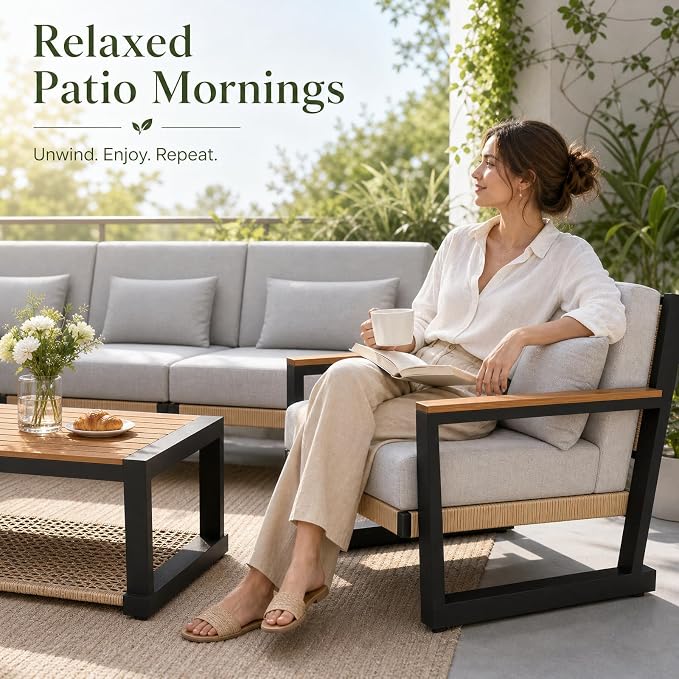 Aluminum Patio Furniture Set 5 Seats, Oversized Outdoor Sectional with Washable Thick Cushions, Coffee Table and Waterproof Cover, Patio Conversation Sets for Porch, Balcony, Deck Yellow