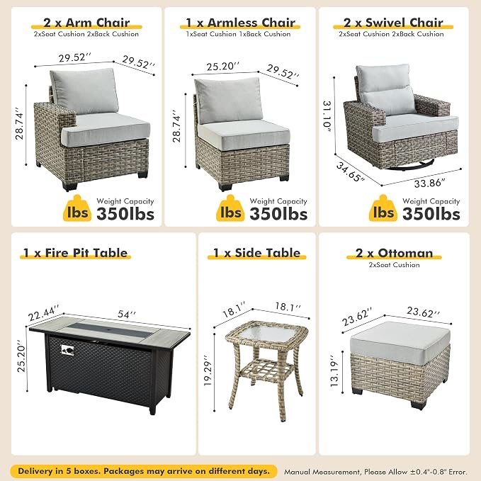 9 Pcs Outdoor Sectional Patio Furniture Set with Fire Pit Table and Swivel Rocking Chairs - All Weather Wicker Modular Outside Sectional Couch,Patio Seating Outdoor Conversation Sets,Grey