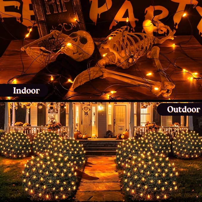 120LED Halloween Net Lights Outdoor, 5ft x 6ft Connectable Mesh Lights, 8 Modes 3.5V Low Voltage Waterproof Bush Lights for Trees, Bushes, Wedding, Party Decor (Orange, 1Pack)