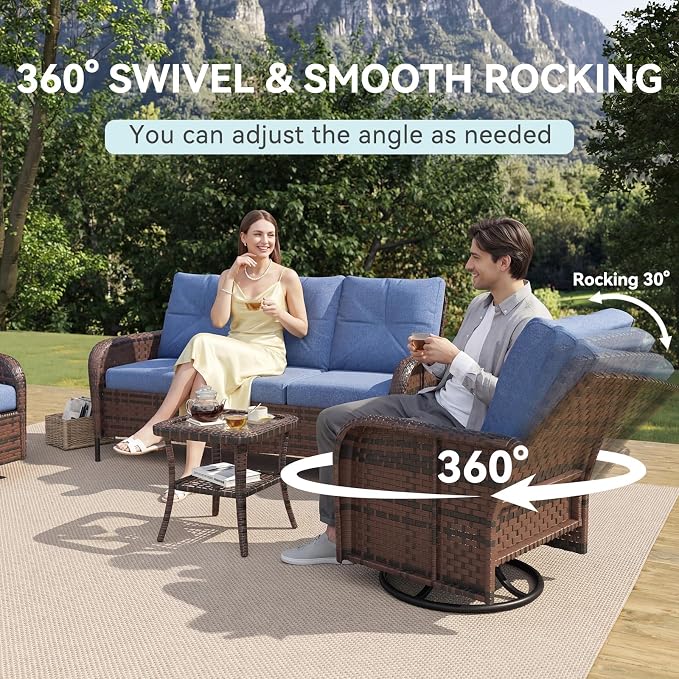 LazySunsets 7 Piece Outdoor Patio Furniture Set with Coffee Table, Wicker Rattan Outdoor Furniture with High Back Swivel Rocker Chairs, Outdoor Conversation Set with Thick Cushion, Navy Blue