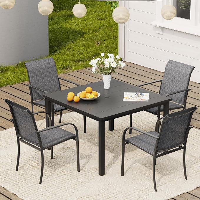 VICLLAX 5 Pieces Patio Dining Set, Patio Furniture Set of 4 Patio Stackable Dining Chairs and Outdoor Metal Square Table with Umbrella Hole for Backyard Lawn Garden, Dark Grey Chairs and Black Table