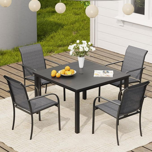 VICLLAX 5 Pieces Patio Dining Set, Patio Furniture Set of 4 Patio Stackable Dining Chairs and Outdoor Metal Square Table with Umbrella Hole for Backyard Lawn Garden, Dark Grey Chairs and Black Table