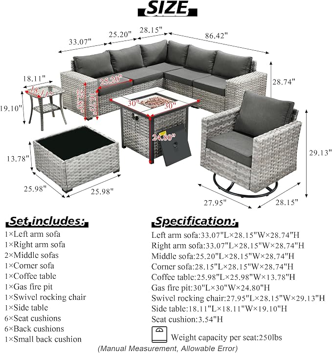 HOOOWOOO Outdoor Patio Sectional Furniture Sofa Set with Propane Gas Fire Pit Table,9 Piece Modern Wicker Couch with Swivel Chair,Modular L Shaped Conversation Seating Set with Wide Arm(Black)