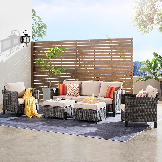 ovios 5 Pieces Patio Furniture Set, Outdoor Wicker Sofa Couch with Chairs Comfy Cushions, All Weather Grey Rattan Conversation Set for Backyard Deck Porch, Beige