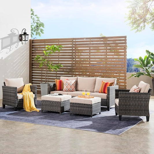 ovios 5 Pieces Patio Furniture Set, Outdoor Wicker Sofa Couch with Chairs Comfy Cushions, All Weather Grey Rattan Conversation Set for Backyard Deck Porch, Beige