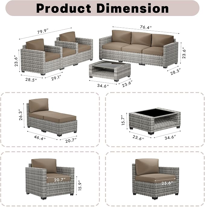 Patio Furniture Set, 7-Piece Outdoor Sectional Couch with Coffee Table & Thick Cushions, Outdoor Wicker Conversation Set for Backyard, Poolside, Garden (Grey White-Camel, 7 Piece-Double)