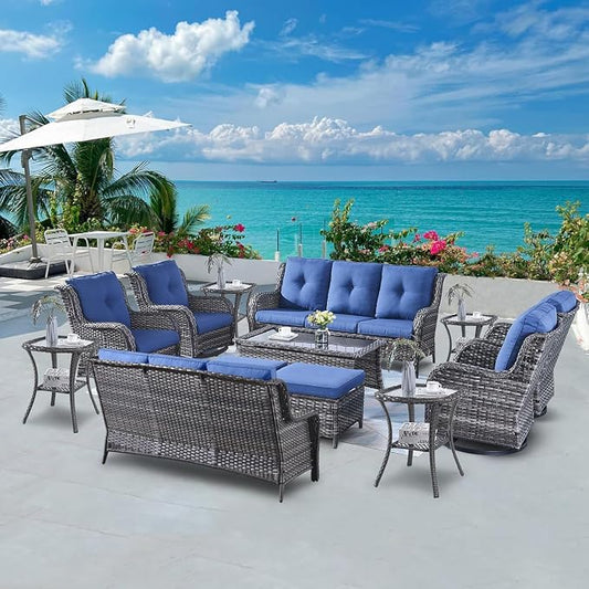 Belord 13 Piece Wicker Patio Furniture Set, Outdoor Swivel Rocker Chairs Set of 4 with Ottomans and Rattan Couch, All Weather Patio Conversation Furniture Set, for Pool,Yard Gray Wicker/Blue