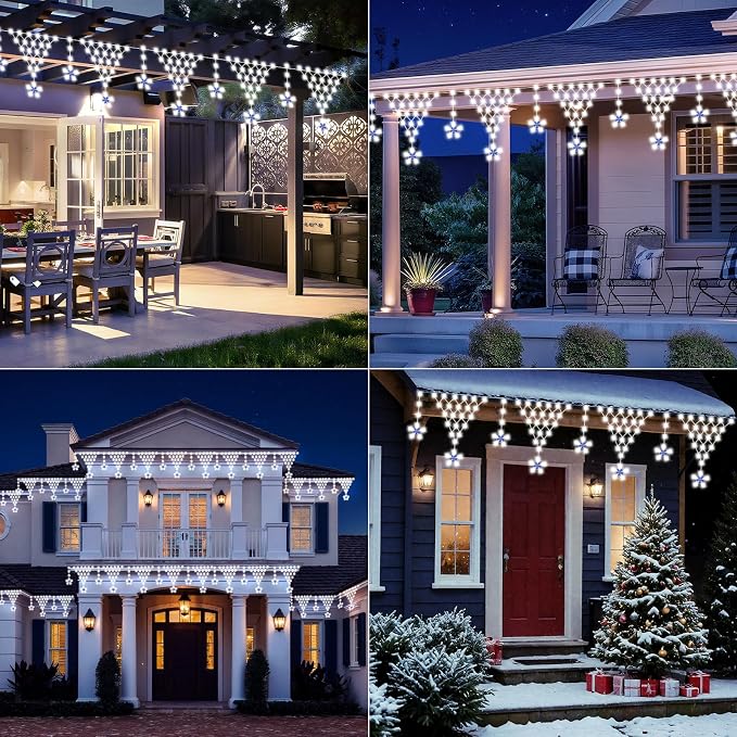 Christmas Lights Outdoor, 218 LED 13.8ft 8 Modes Curtain String Lights with 12 Drops Star, Plug-in Christmas Icicle Lights for Wedding, Party, Eaves, Xmas Yard Decorations - White