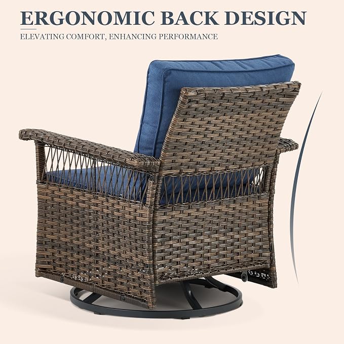 Patio Furniture Set 2 Wicker Swivel Glider Chairs 2 PE Rattan Ottomans with Patio PE Rattan Sofa Brown Wicker Blue Cushions Patio Conversation Set 5pcs for Garden Balcony Backyard